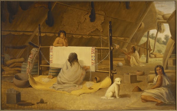 painting of A Woman Weaving a Blanket with Salish wool dog in the foreground 